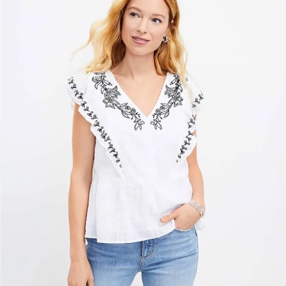 Loft Floral Embroidered Ruffle Peplum Top Xs